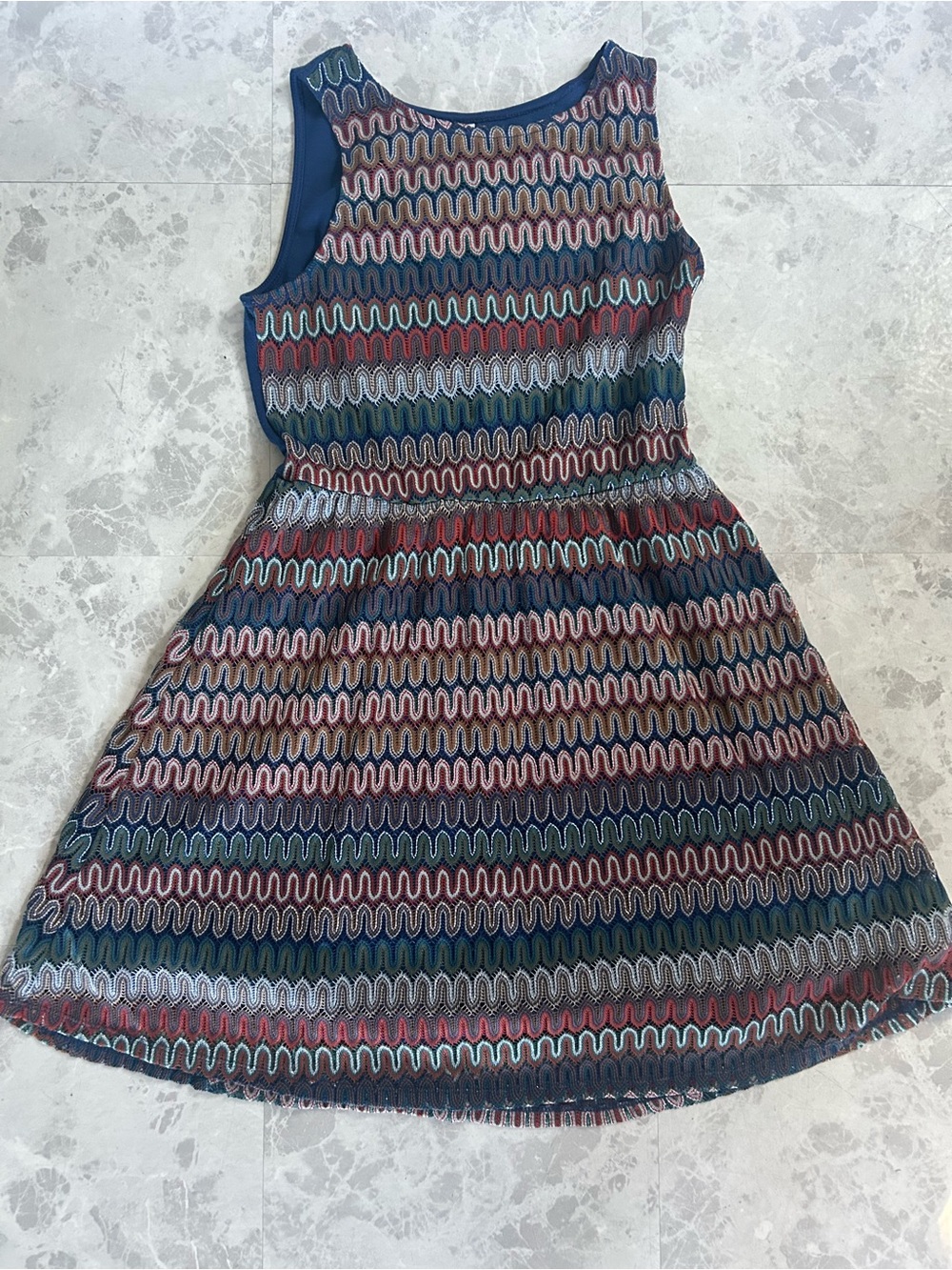 Xhilaration Navy Multicolor Wave-Trim A-Line Dress